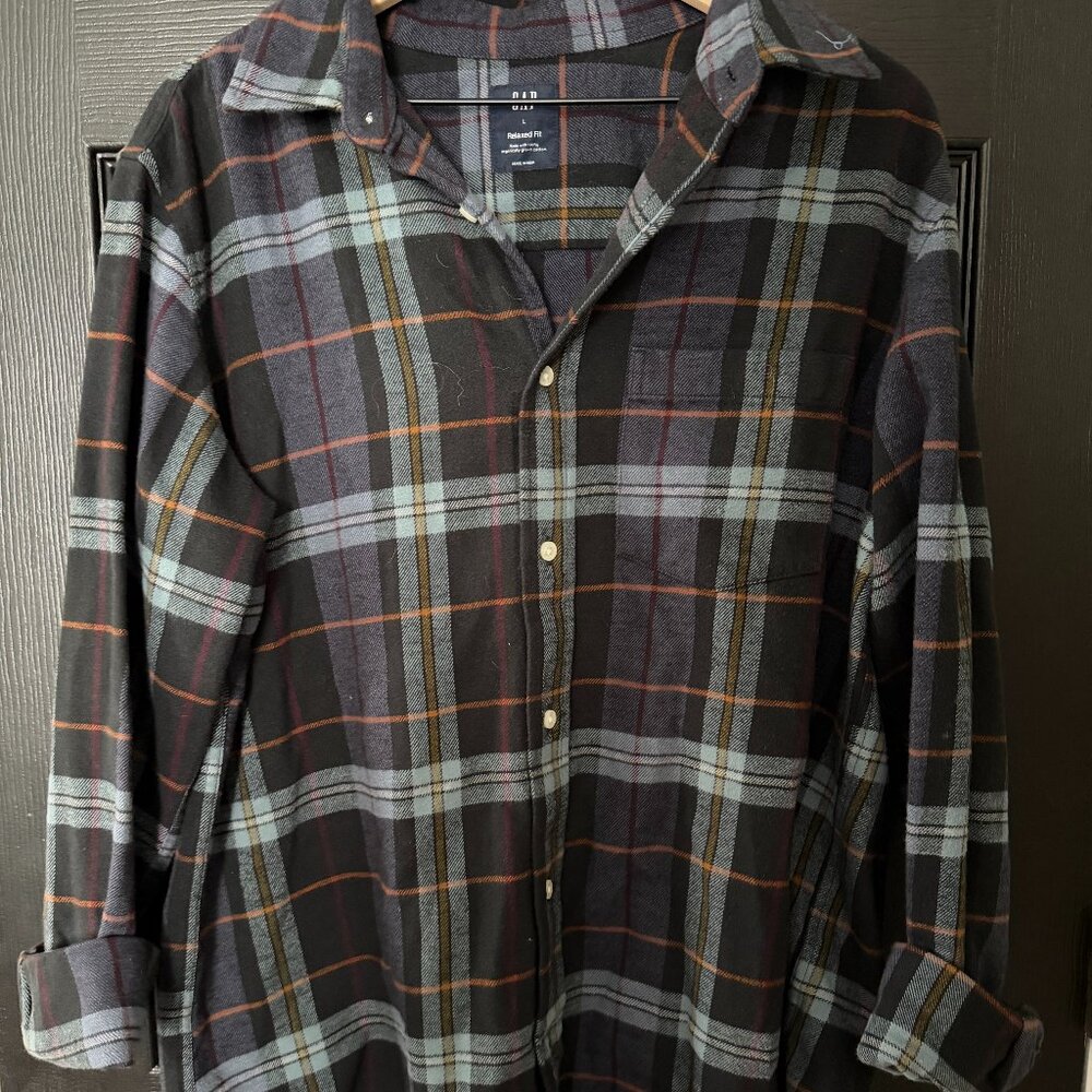 Mens Gap Medium Weight Flannel Button Down Gray Orange White Large